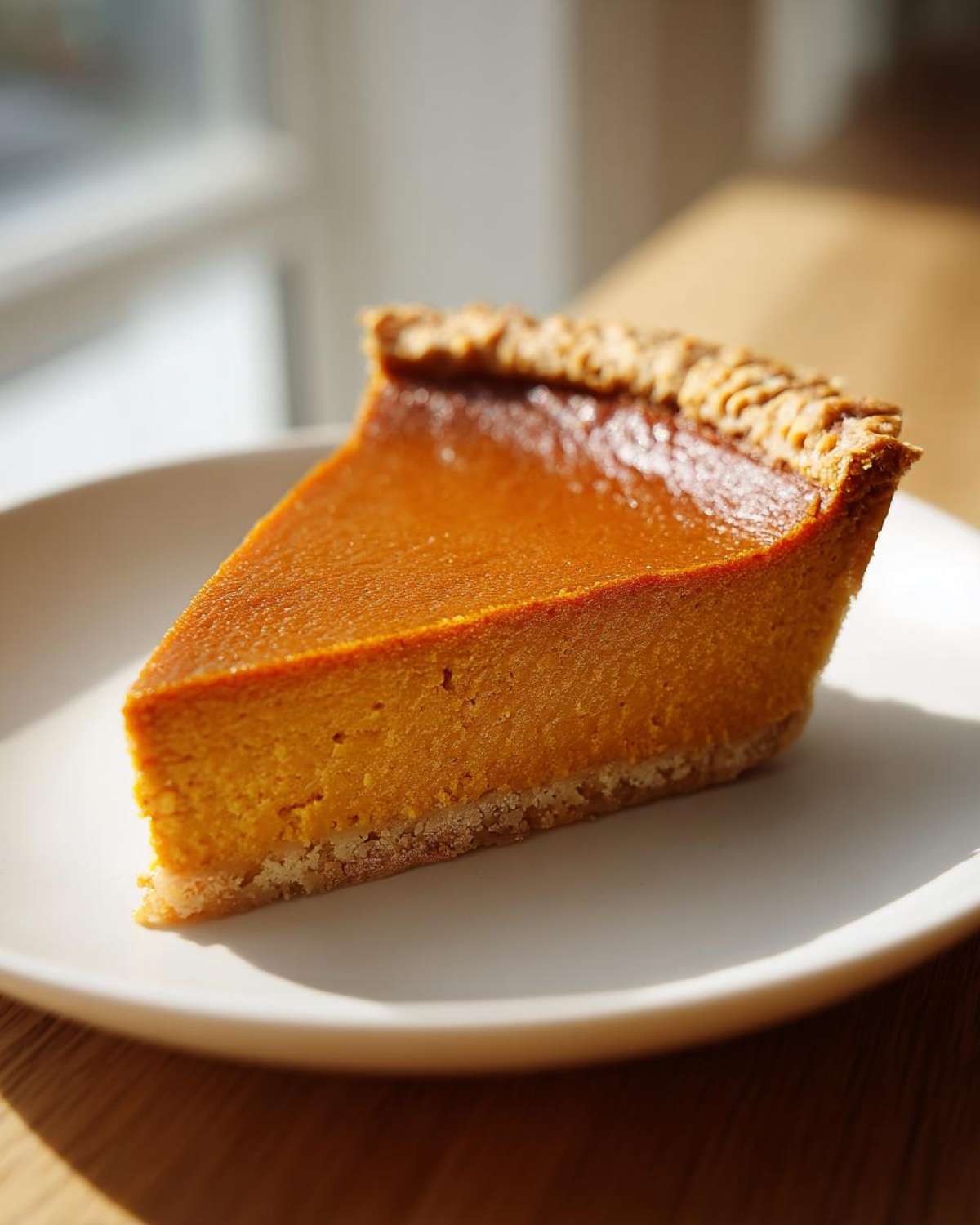 A perfect slice of classic pumpkin pie recipe with a rich orange filling and crimped crust, sitting on a white plate.