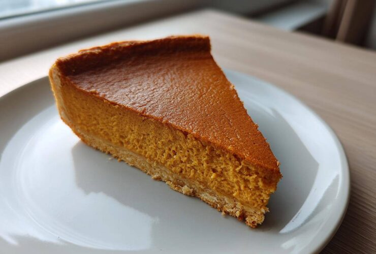 A perfect slice of classic pumpkin pie recipe showing its rich orange filling and crust on a white plate.