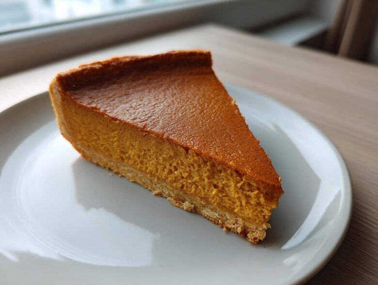 A perfect slice of classic pumpkin pie recipe showing its rich orange filling and crust on a white plate.