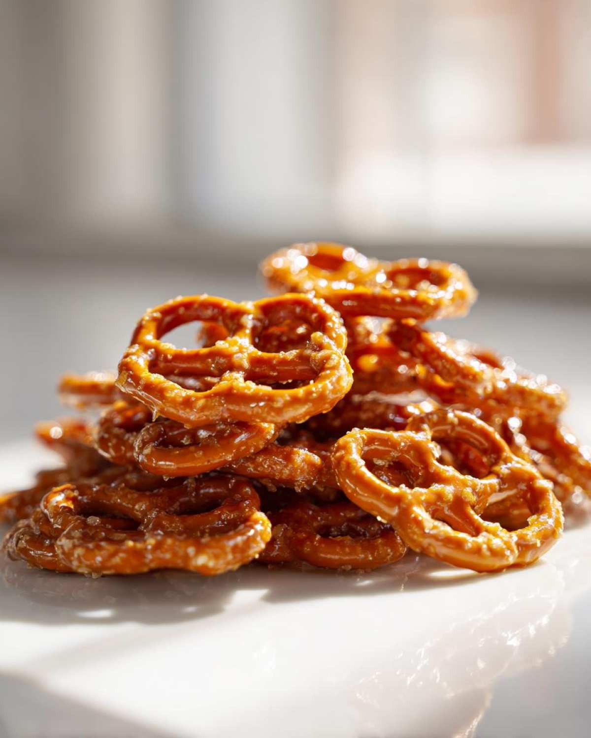 A close-up stack of shiny, glazed toffee pretzels resting on a white surface.