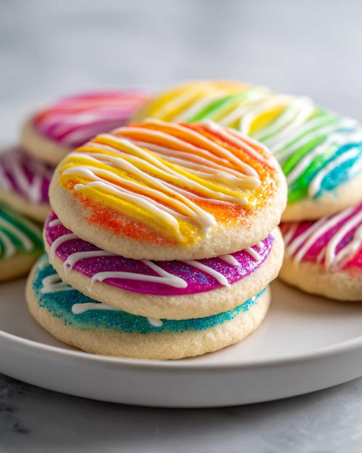 Stack of sugar cookies decorated with vibrant, hard-drying cookie icing in rainbow colors and sprinkles.