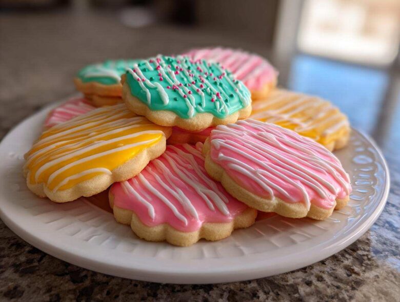 A stack of flower-shaped sugar cookies decorated with bright pink, yellow, and teal cookie icing.