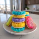 Stack of sugar cookies decorated with bright, piped cookie icing recipe in blue, purple, yellow, and pink.