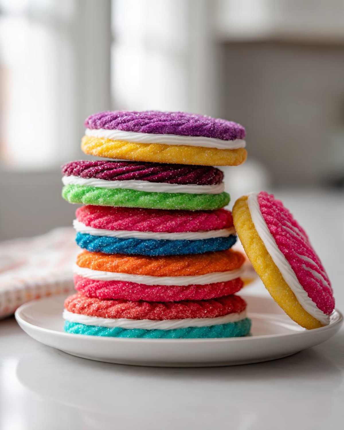 Stack of colorful sandwich cookies filled with white frosting, showcasing the results of a great cookie icing recipe.