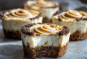 Close-up of a cookie butter cheesecake cup with a bite taken out, showing the creamy filling and crust.