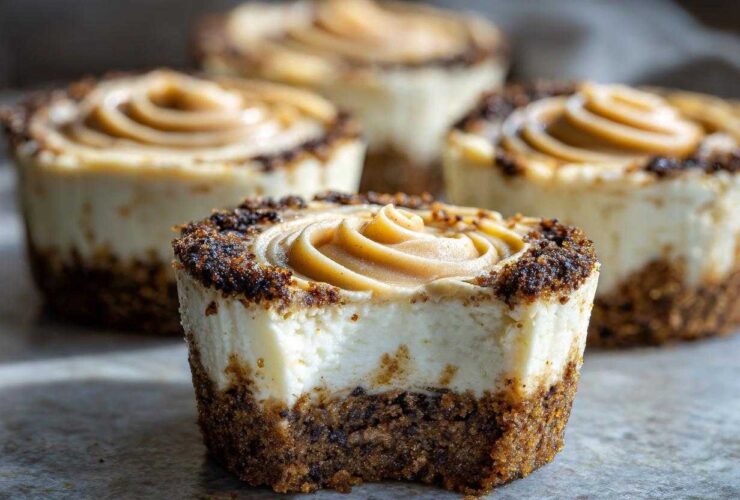 Close-up of a cookie butter cheesecake cup with a bite taken out, showing the creamy filling and crust.