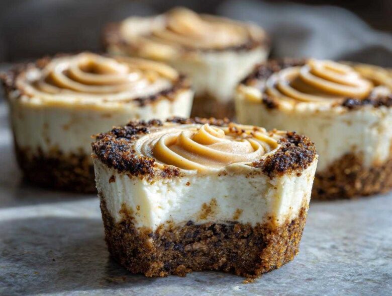 Close-up of a cookie butter cheesecake cup with a bite taken out, showing the creamy filling and crust.