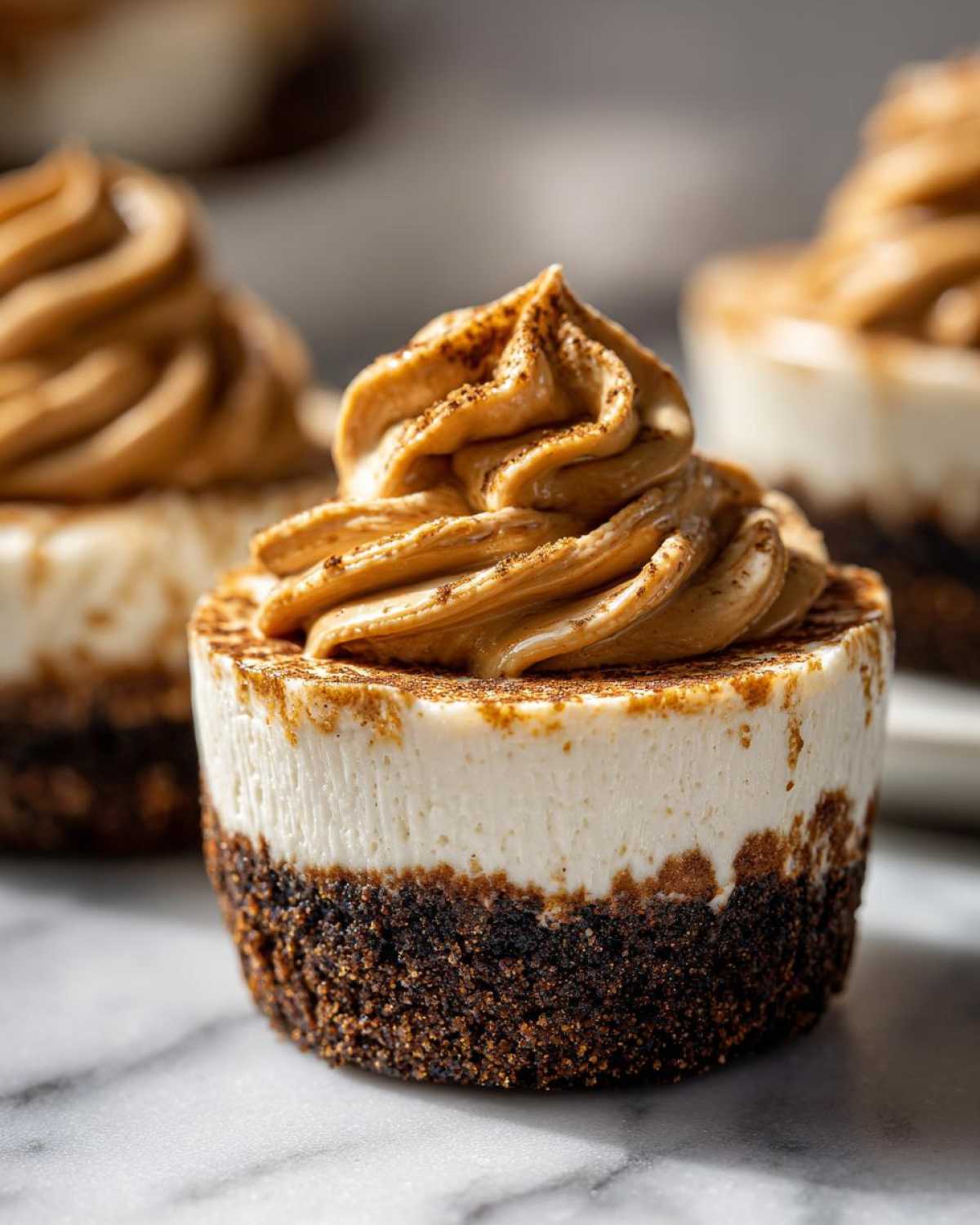 A single, rich cookie butter cheesecake cup with a dark crust and creamy filling, topped with piped cookie butter frosting.