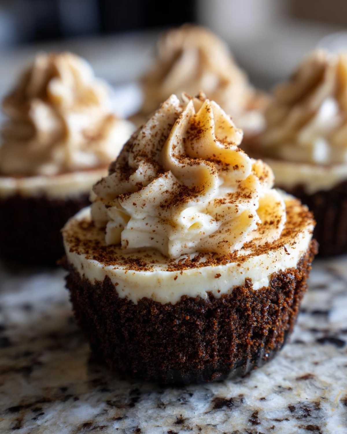 A close-up of one decadent cookie butter cheesecake cup with a dark crust, creamy filling, and piped frosting dusted with spice.