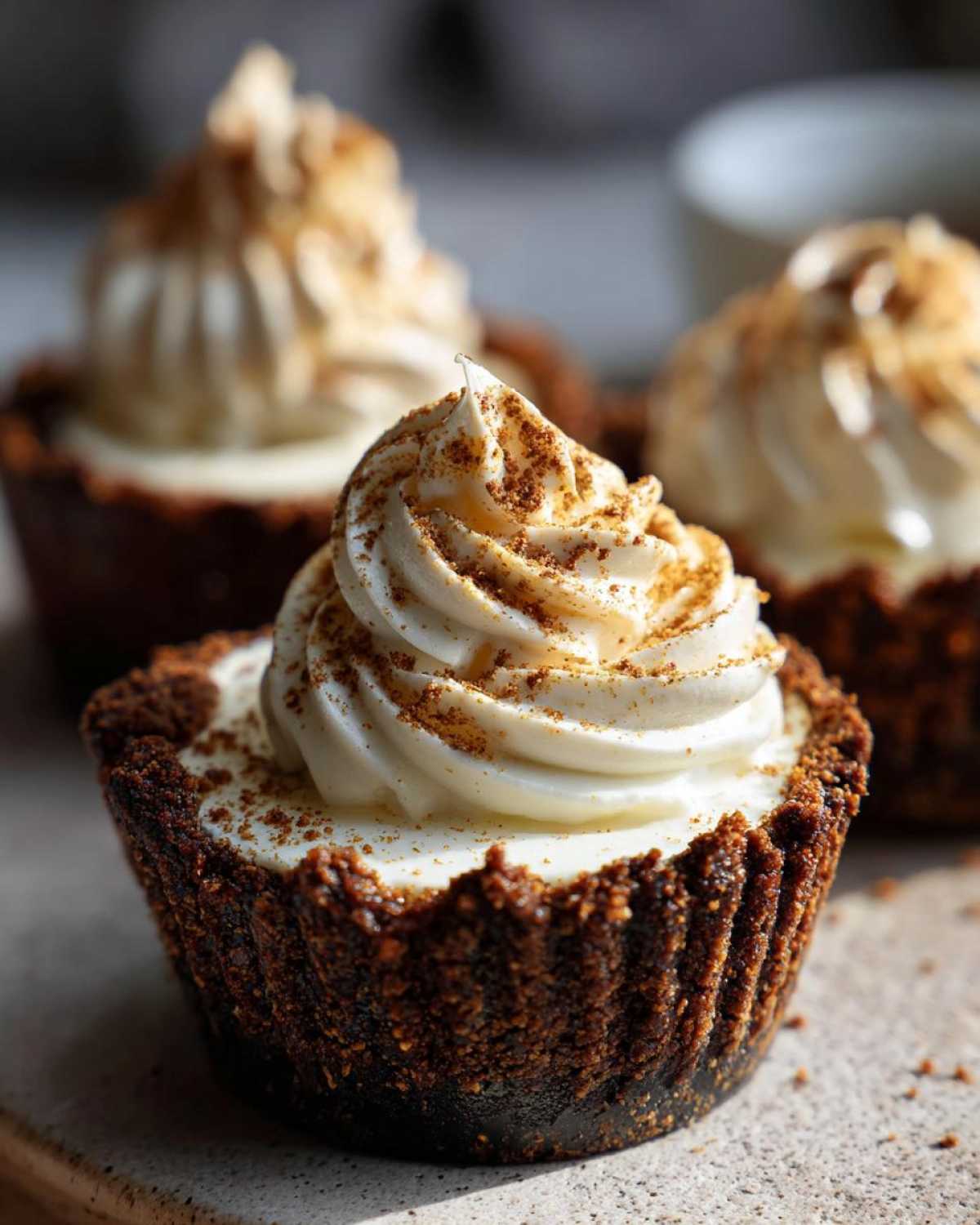 A close-up of one cookie butter cheesecake cup featuring a dark crust, creamy filling, and piped topping dusted with spice.