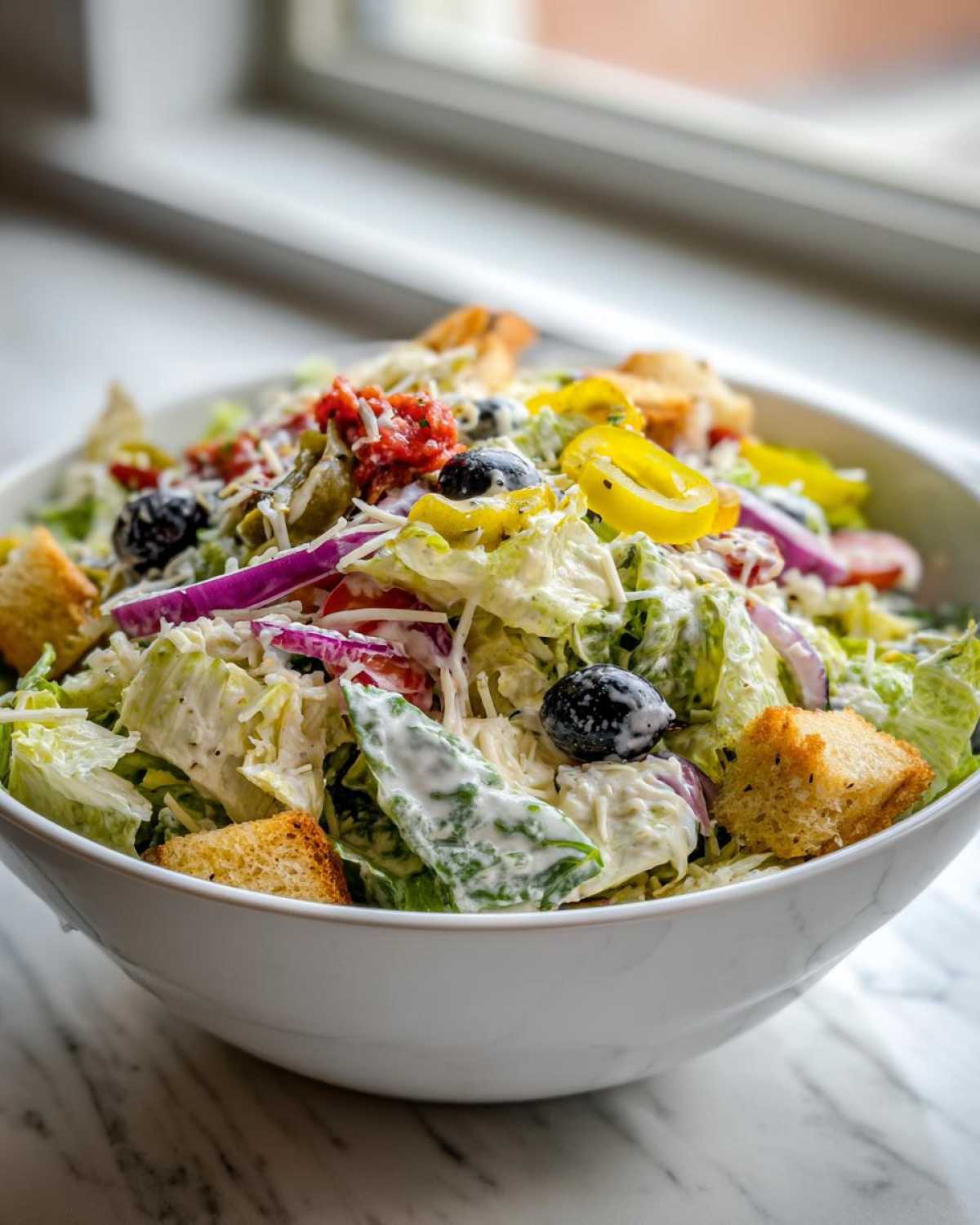 A large white bowl filled with copycat Olive Garden salad, featuring lettuce, croutons, olives, and creamy dressing.