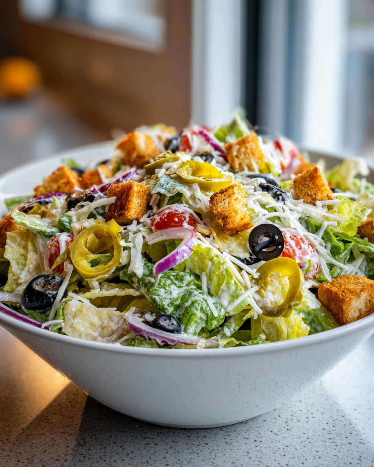 A vibrant bowl of copycat Olive Garden salad featuring lettuce, croutons, red onion, olives, and pepperoncini, topped with dressing and cheese.