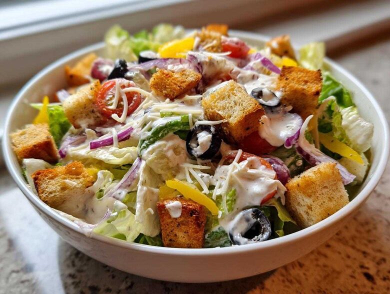 A close-up shot of a fresh copycat Olive Garden salad topped with creamy dressing, croutons, and olives.