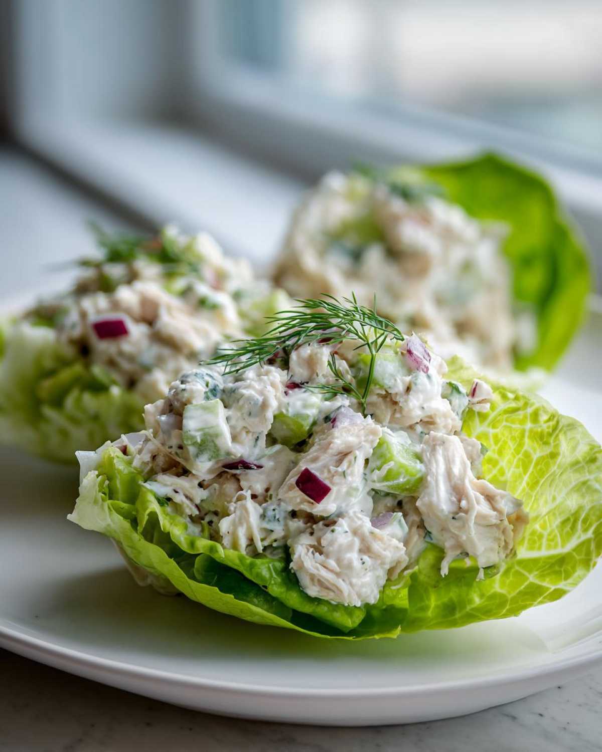 Three servings of creamy cottage cheese chicken salad served in crisp lettuce cups, garnished with dill.