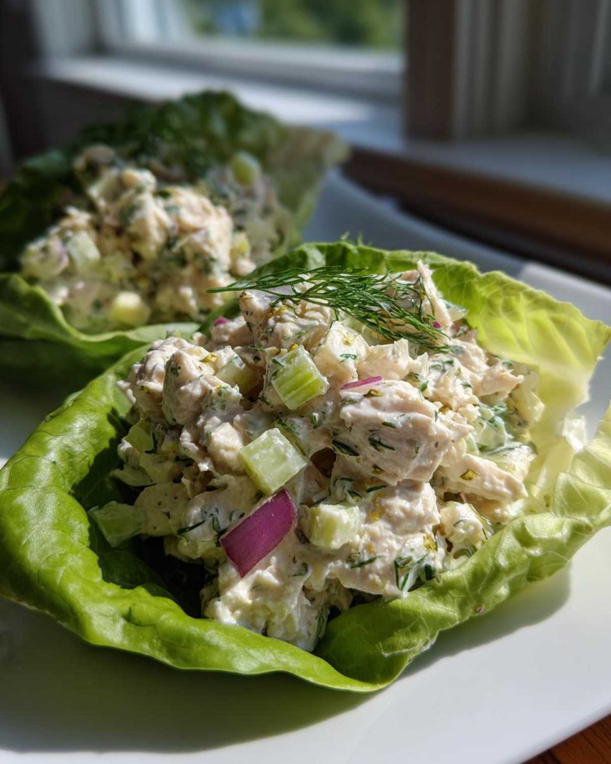 Close-up of cottage cheese chicken salad served in crisp lettuce cups, garnished with fresh dill.