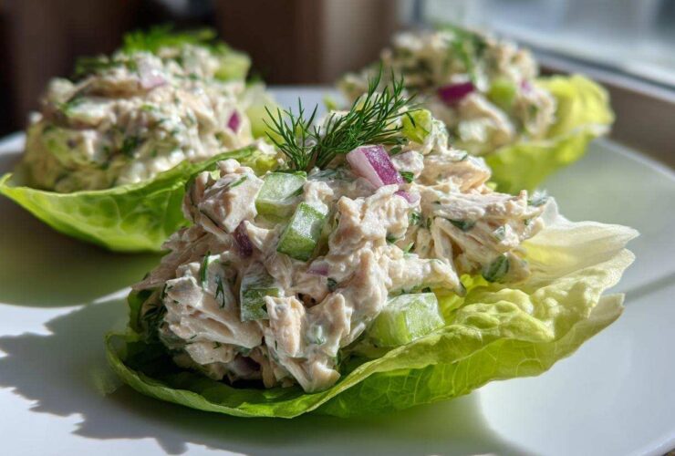 Three servings of creamy cottage cheese chicken salad served in crisp lettuce cups, garnished with dill.