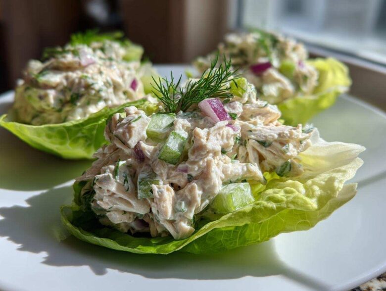 Three servings of creamy cottage cheese chicken salad served in crisp lettuce cups, garnished with dill.