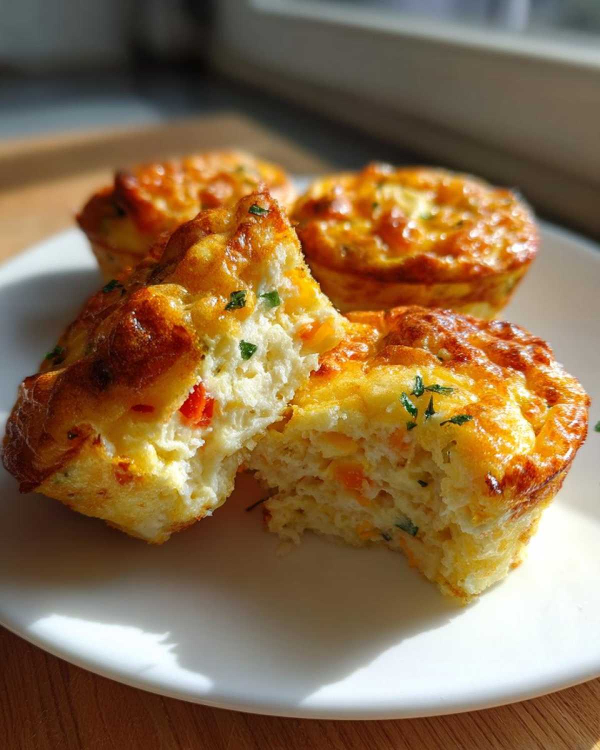 One of the cottage cheese egg cups starbucks recipe is broken in half showing the fluffy interior texture and visible vegetable pieces.