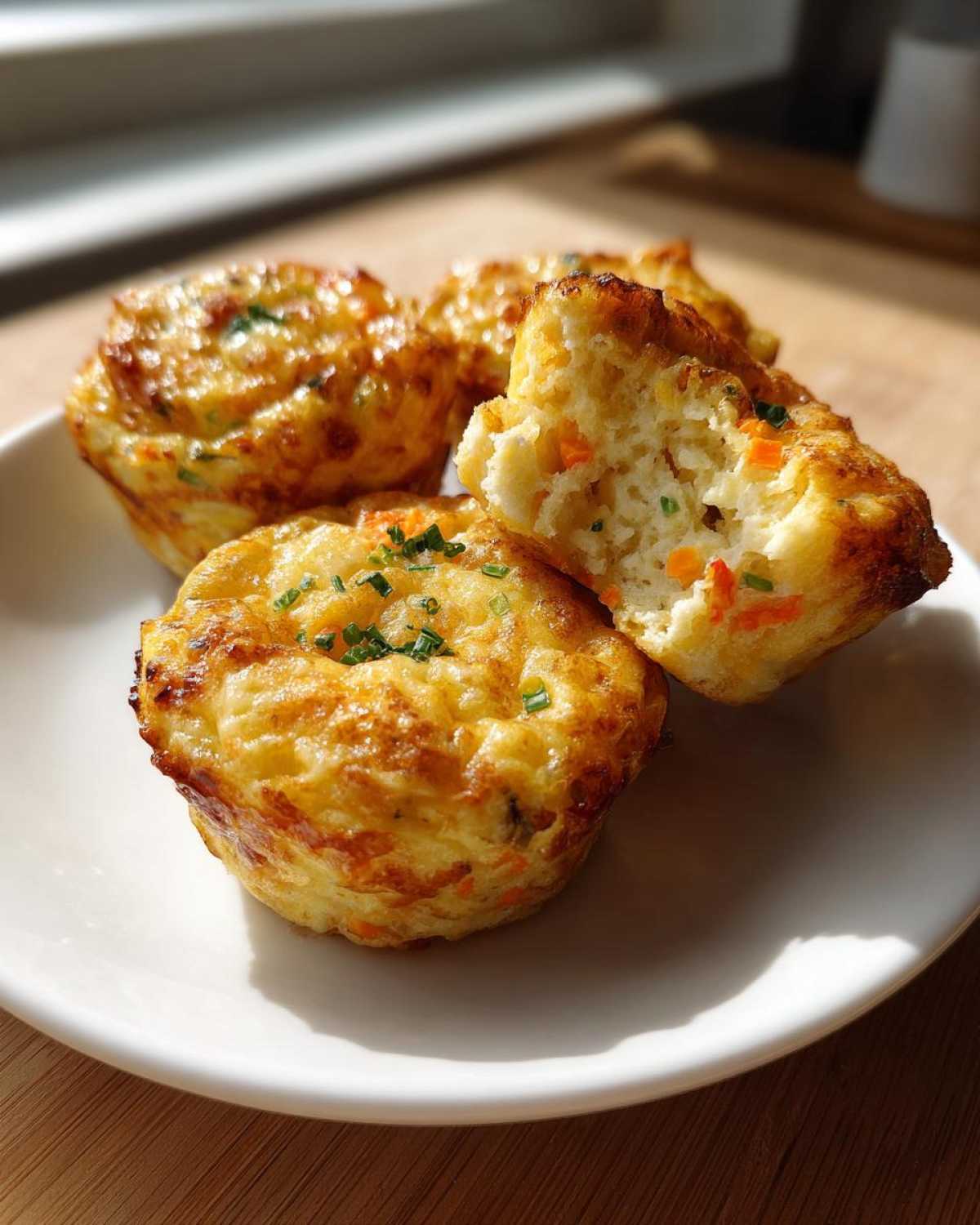 Four golden-brown cottage cheese egg cups on a white plate, one is broken open showing carrots inside.