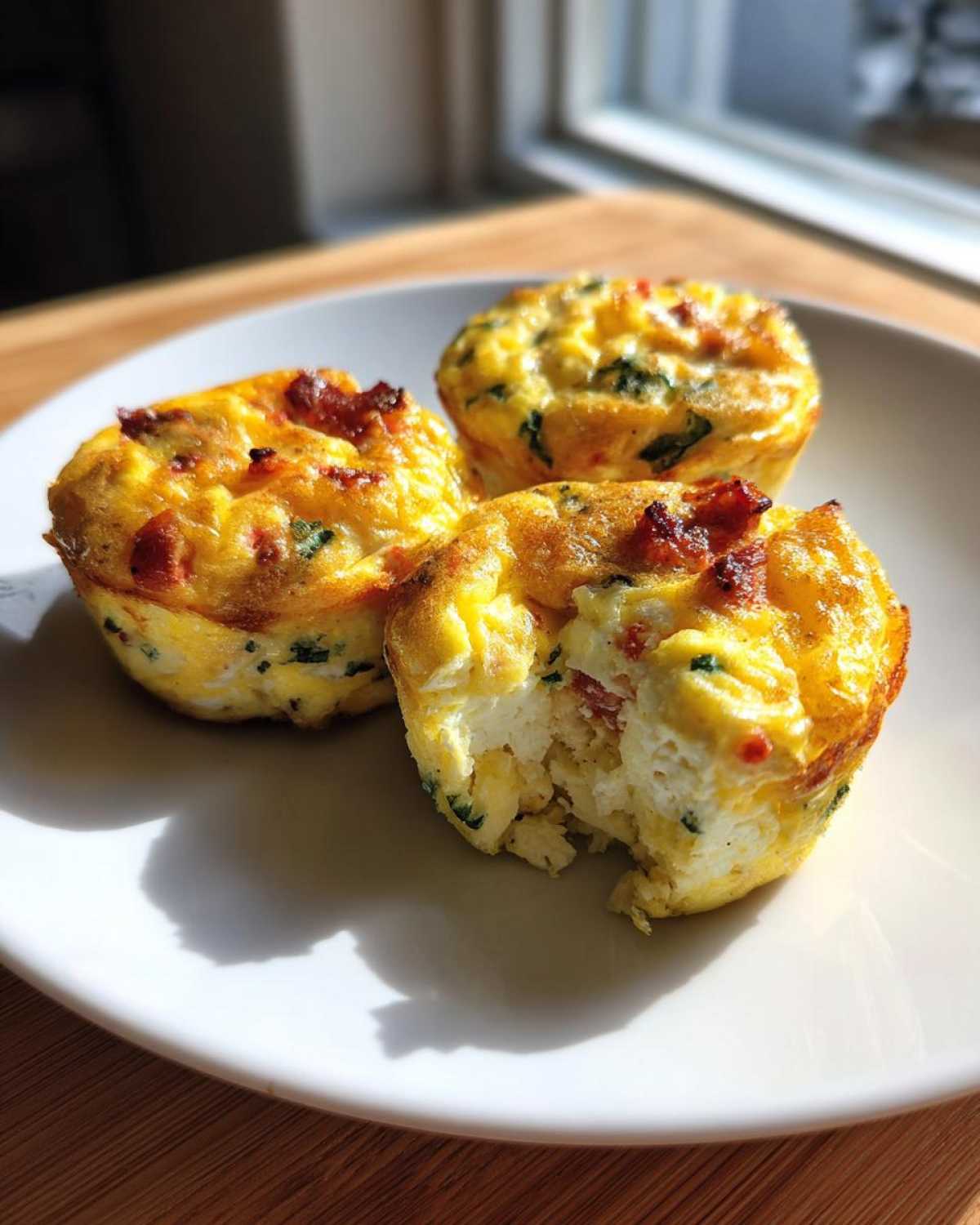Three golden-brown cottage cheese egg cups Starbucks style, one with a bite taken out, on a white plate.