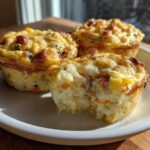 Three baked cottage cheese egg cups, one with a bite taken out, showing the fluffy interior.