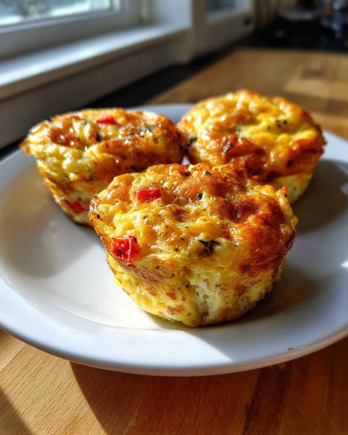 Three golden-brown cottage cheese egg cups with visible red pepper pieces, served on a white plate.