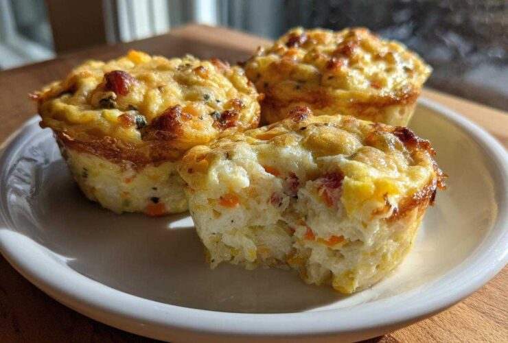 Three baked cottage cheese egg cups, one with a bite taken out, showing the fluffy interior.