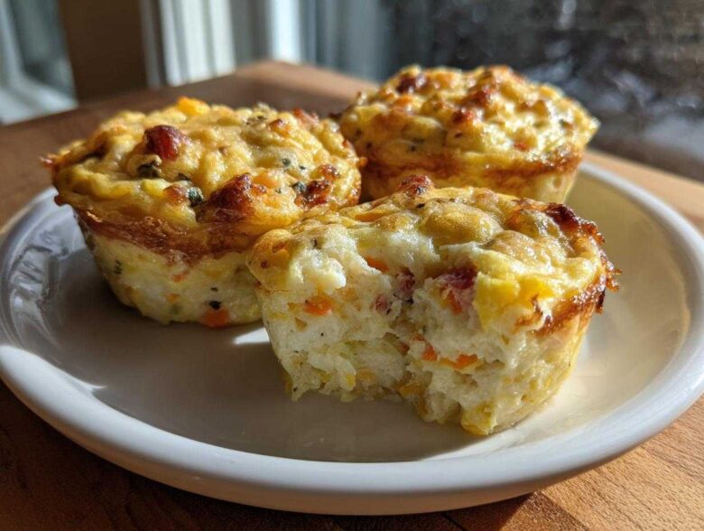 Three baked cottage cheese egg cups, one with a bite taken out, showing the fluffy interior.