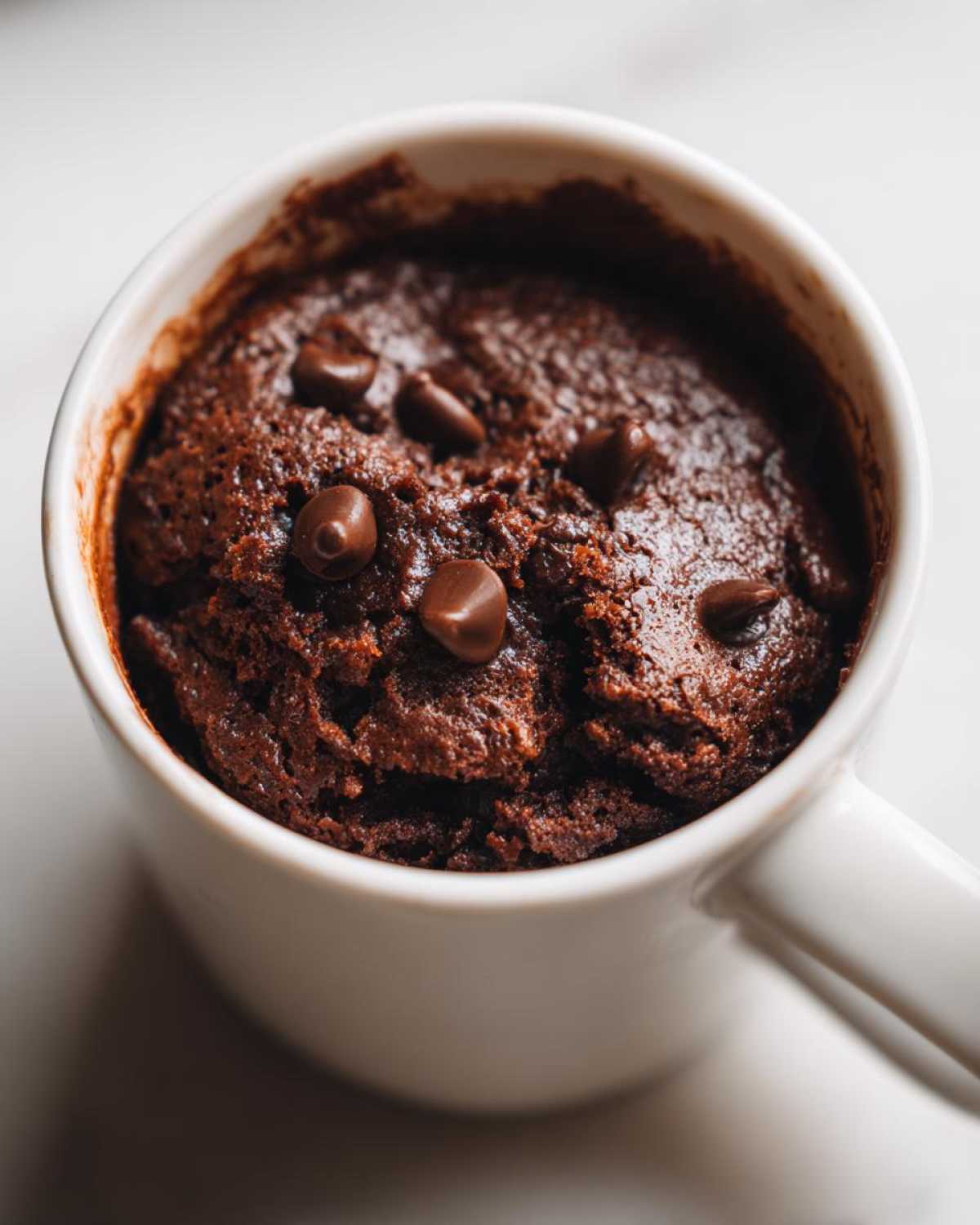 Close-up of a rich, dark chocolate Cottage Cheese Microwave Brownie topped with melted chocolate chips in a white mug.