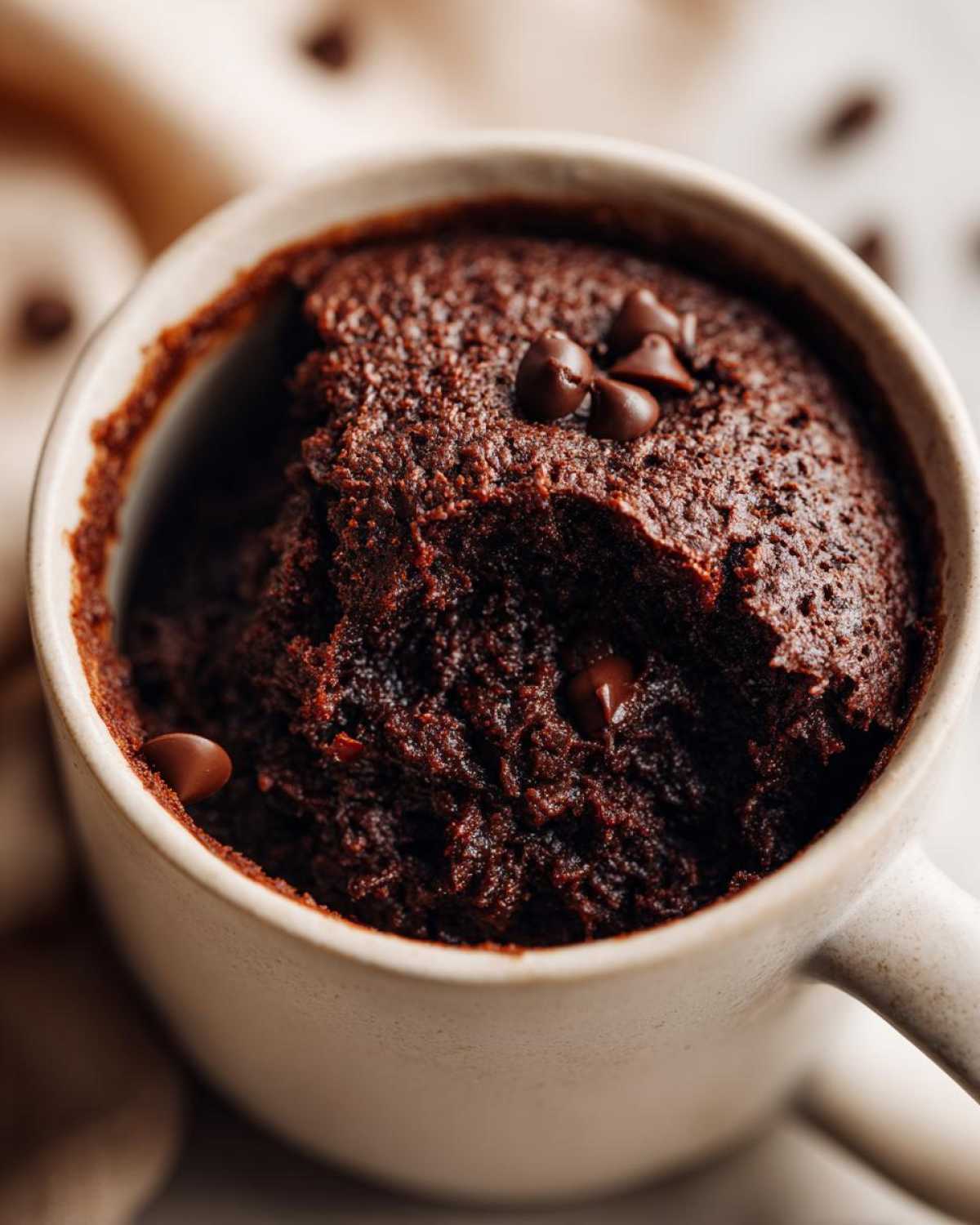 Close-up of a rich, dark chocolate Cottage Cheese Microwave Brownie baked inside a light-colored mug, topped with chocolate chips.