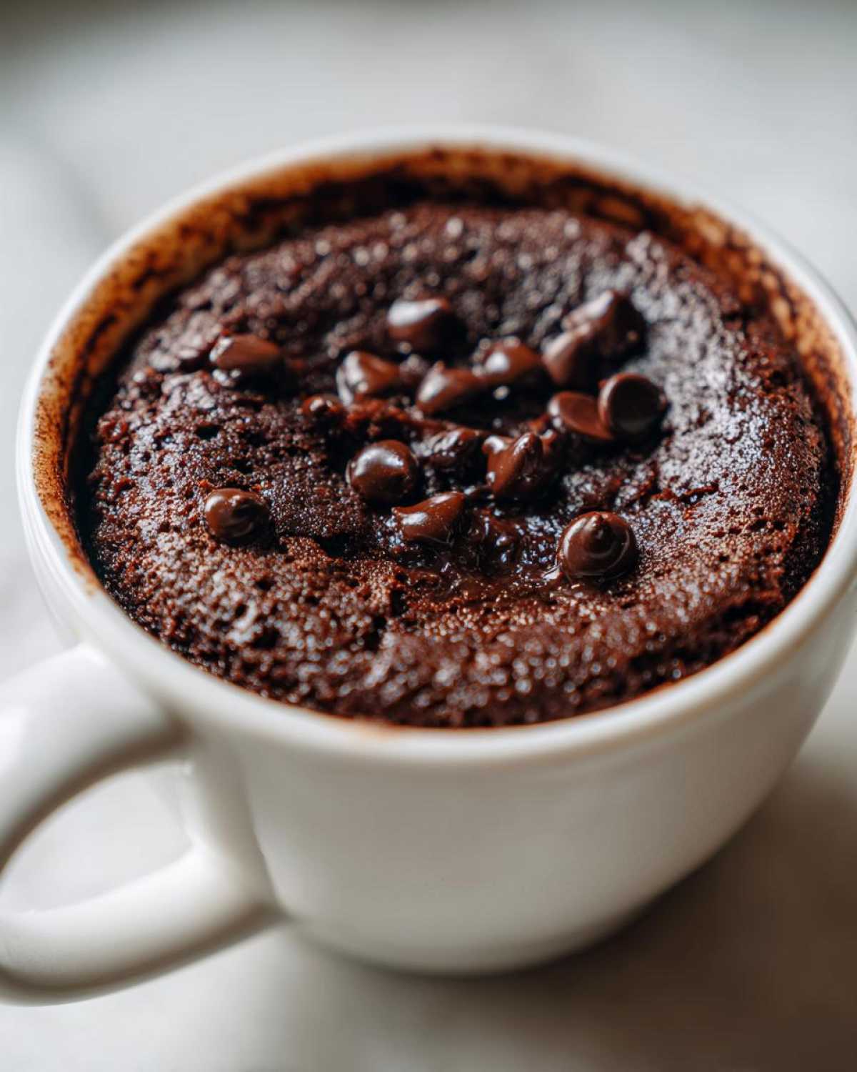 Close-up of a rich, dark chocolate Cottage Cheese Microwave Brownie topped with melted chocolate chips in a white mug.