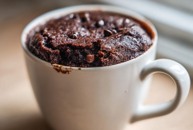 A rich, dark chocolate Cottage Cheese Microwave Brownie baked perfectly inside a white ceramic mug.