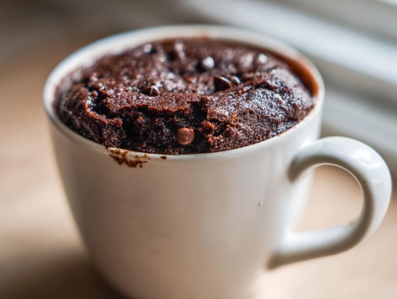 A rich, dark chocolate Cottage Cheese Microwave Brownie baked perfectly inside a white ceramic mug.