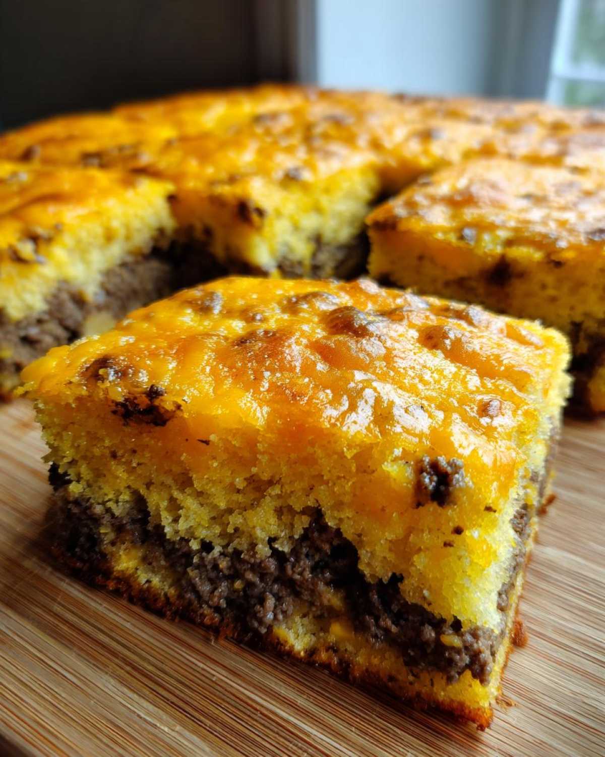 A close-up slice of cowboy cornbread casserole showing a layer of seasoned meat beneath a thick, golden, cheesy cornbread topping.