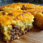 A thick slice of cowboy cornbread casserole showing a layer of seasoned ground beef filling topped with melted cheddar cheese.