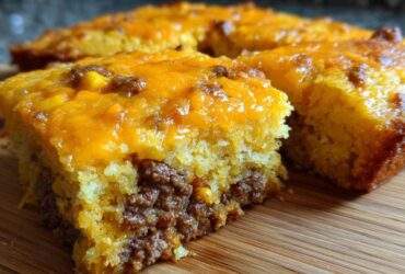 A thick slice of cowboy cornbread casserole showing a layer of seasoned ground beef filling topped with melted cheddar cheese.