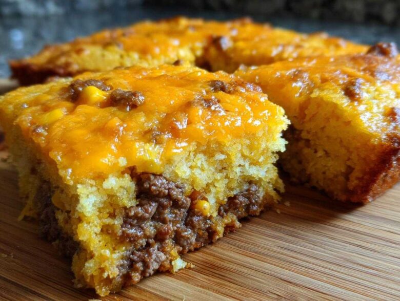 A thick slice of cowboy cornbread casserole showing a layer of seasoned ground beef filling topped with melted cheddar cheese.