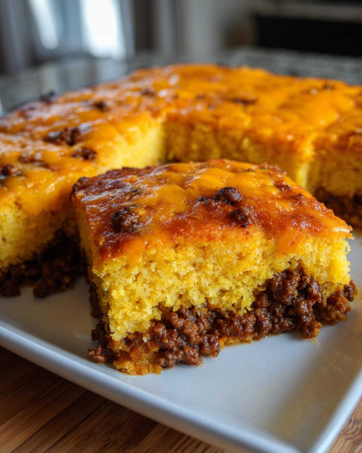 A square slice of cowboy cornbread casserole showing a thick layer of seasoned ground meat topped with golden cornbread and melted cheese.