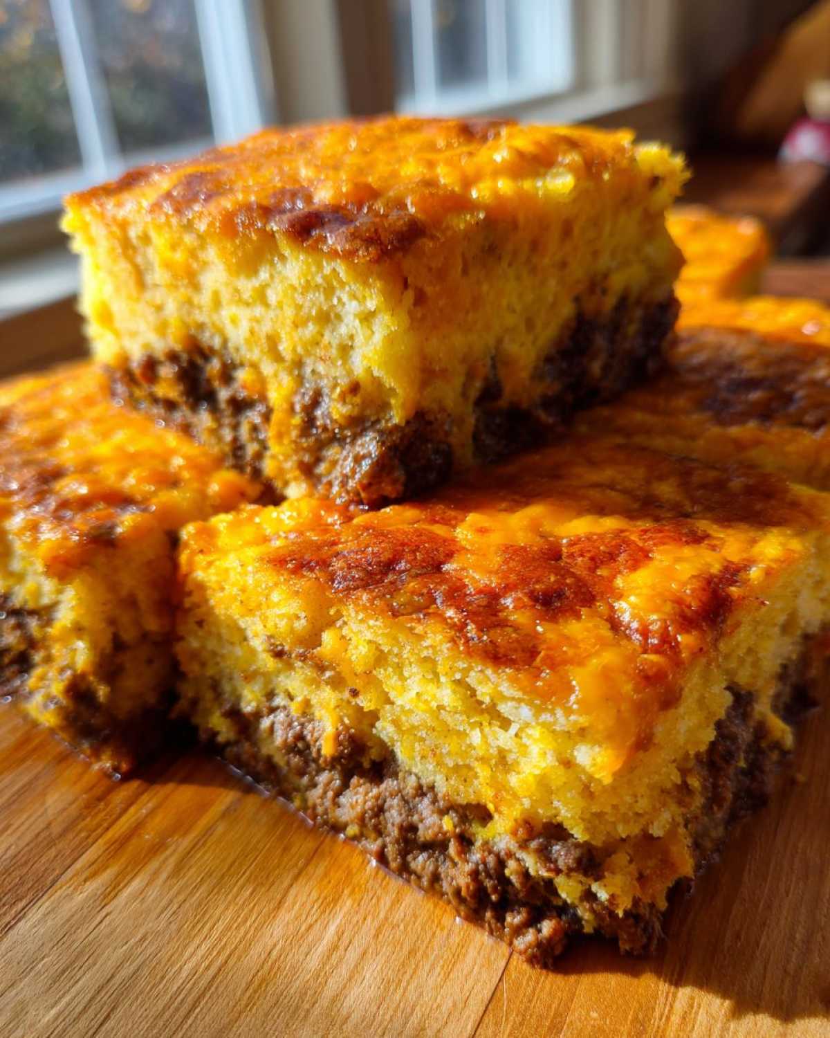 Close-up of stacked squares of cowboy cornbread casserole showing a thick, golden cornbread top over a savory meat base.