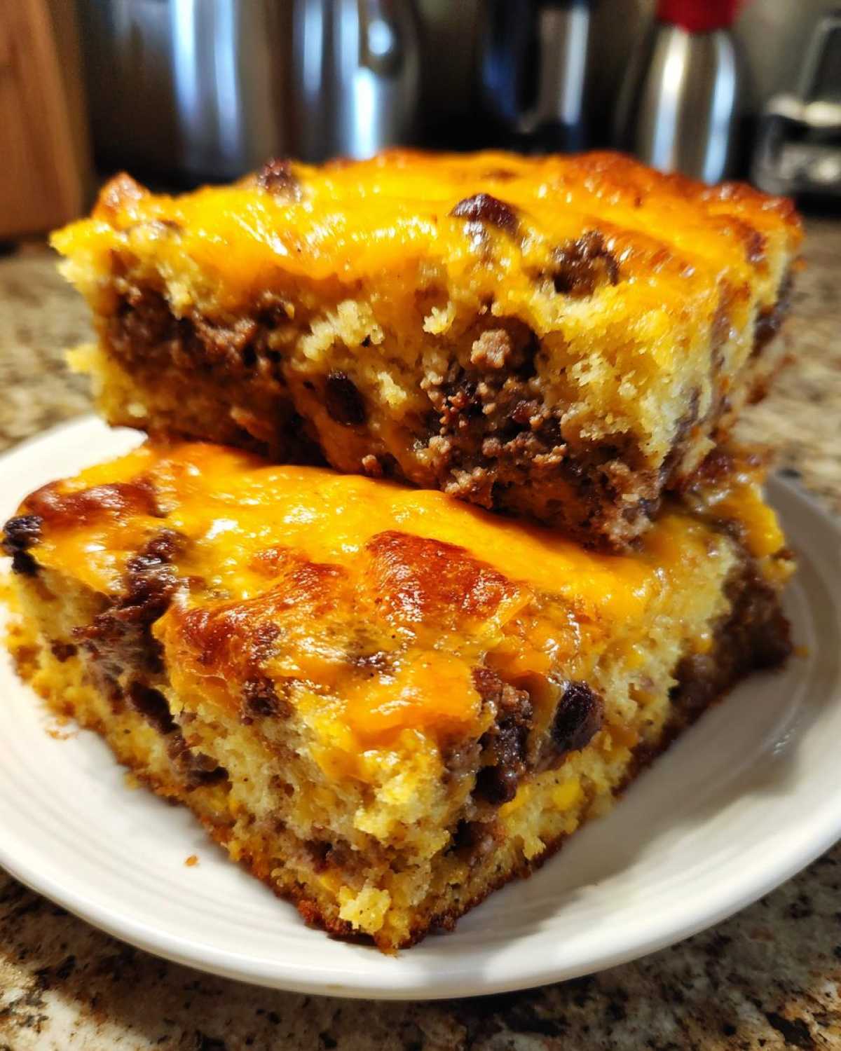 Two stacked squares of rich cowboy cornbread casserole topped with melted cheddar cheese and ground beef filling.