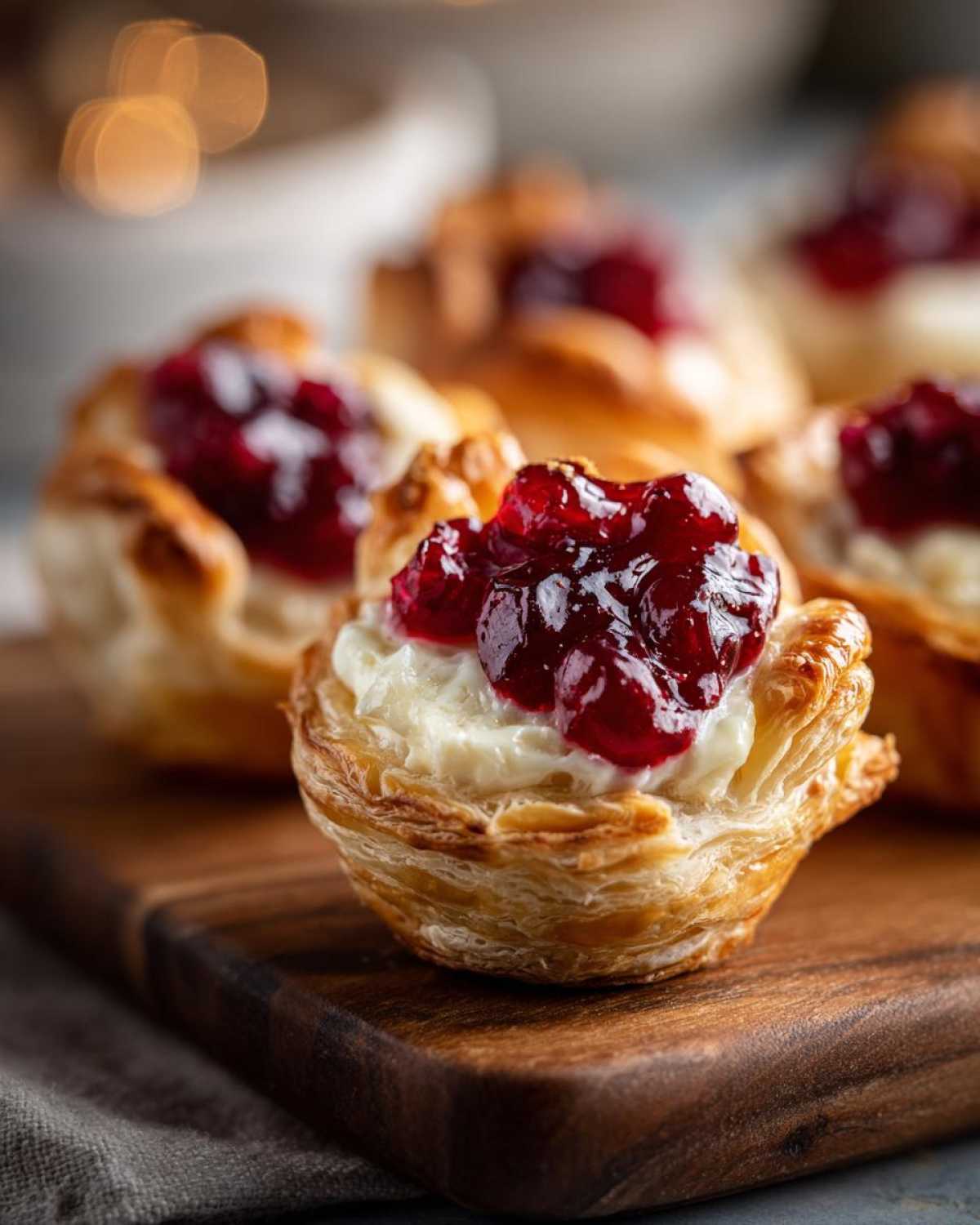 A close-up of one flaky pastry cup filled with creamy brie and topped with glistening cranberry sauce, one of several cranberry brie bites.