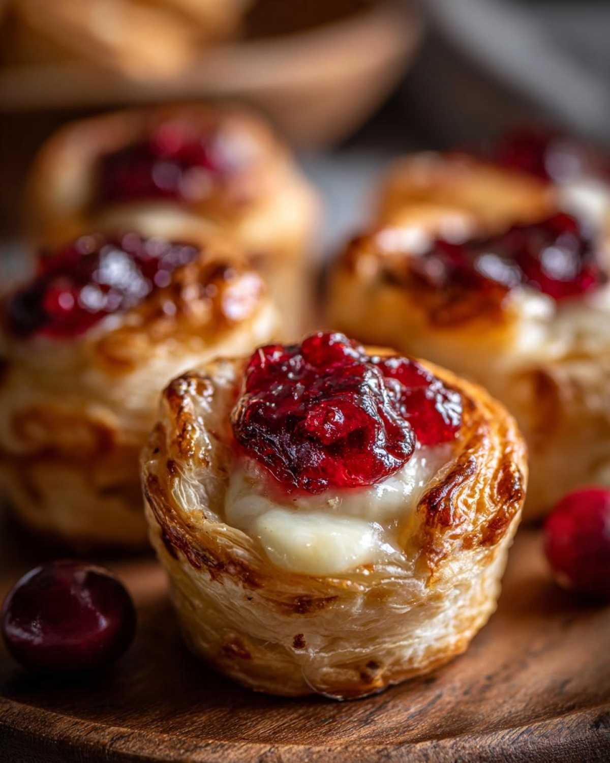 Close-up of a warm, flaky pastry cup filled with melted brie cheese and topped with cranberry sauce, part of a batch of cranberry brie bites.