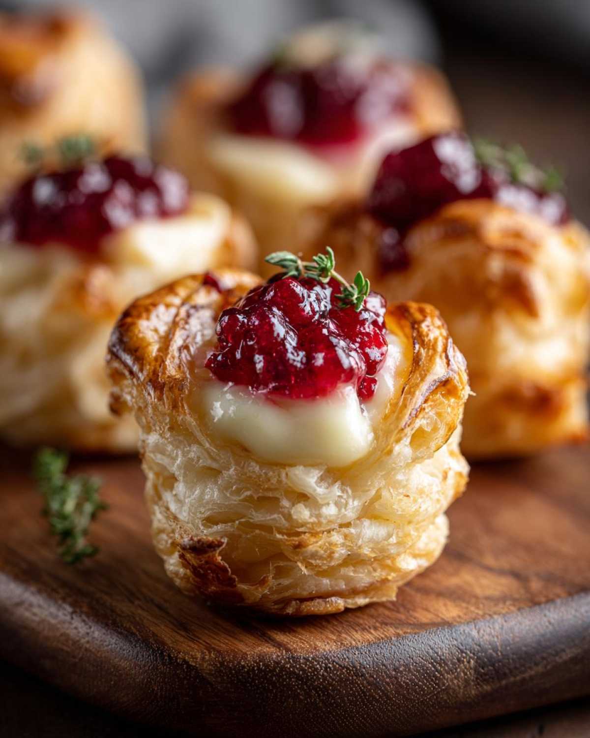 Close-up of a flaky pastry cup filled with melted Brie cheese and topped with cranberry sauce, one of several cranberry brie bites.