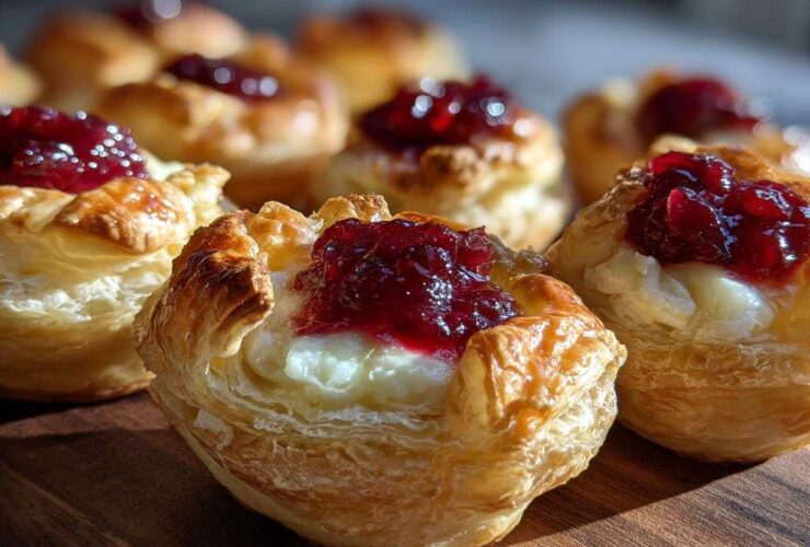 Close-up of golden, flaky pastry cups filled with melted brie and topped with bright red cranberry sauce, featuring cranberry brie bites.