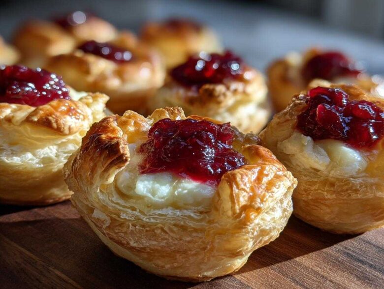 Close-up of golden, flaky pastry cups filled with melted brie and topped with bright red cranberry sauce, featuring cranberry brie bites.