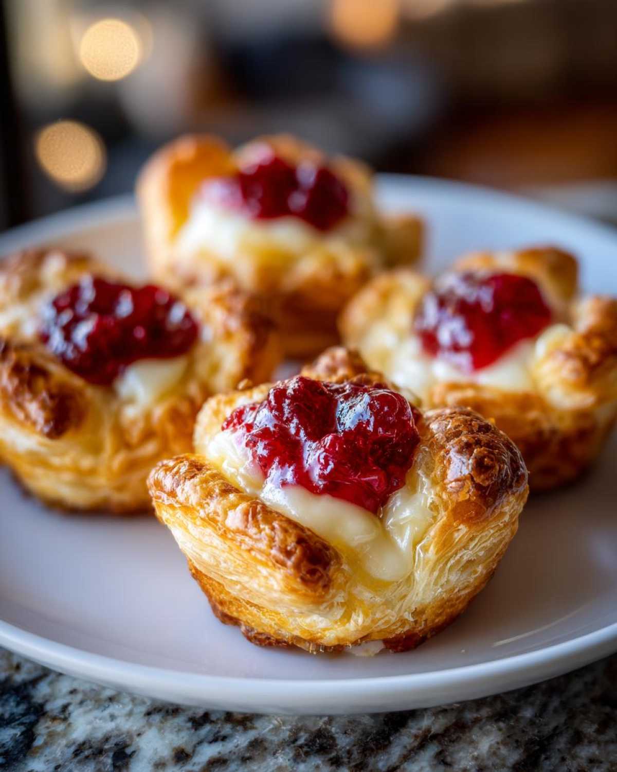 Close-up of freshly baked cranberry brie bites made with flaky puff pastry and topped with bright red jam.
