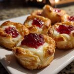 Close-up of several golden, flaky cranberry brie bites served on a white plate.