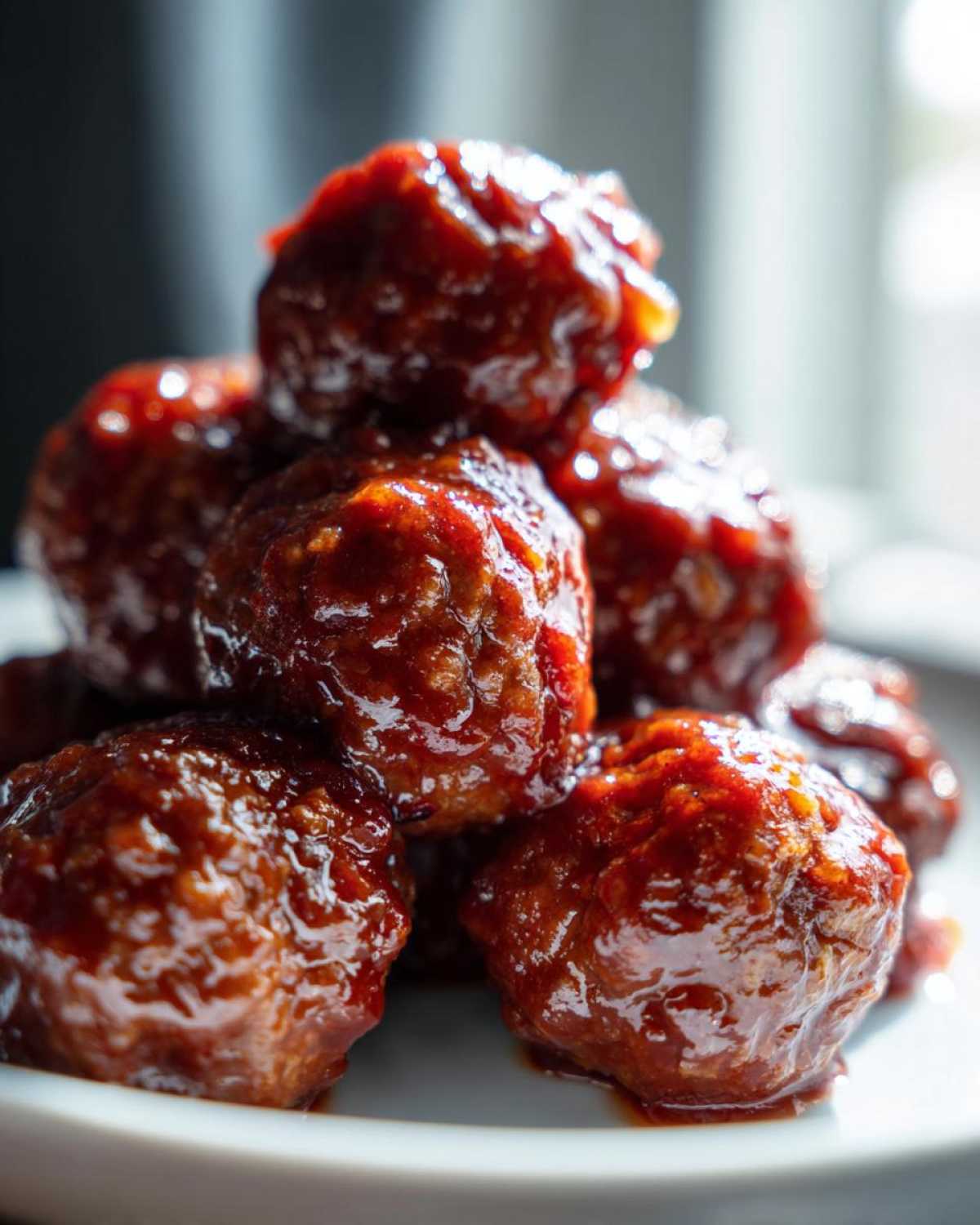 A close-up stack of glossy, saucy cranberry meatballs piled high on a white plate.