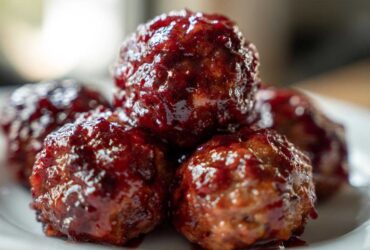 A close-up shot of several glossy, saucy cranberry meatballs piled on a white plate.