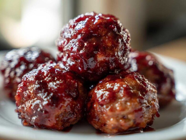 A close-up shot of several glossy, saucy cranberry meatballs piled on a white plate.